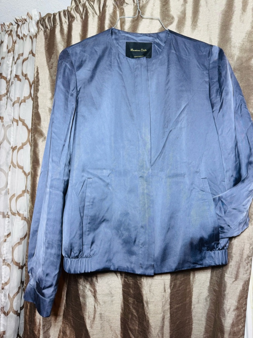 Massimo Dutti Slate Blue Satin Bomber Jacket